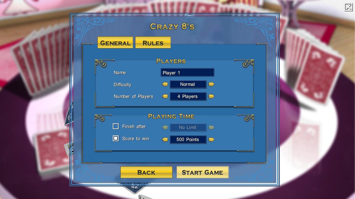 Bicycle Crazy 8's (Windows) screenshot: Adjusting the Gameplay