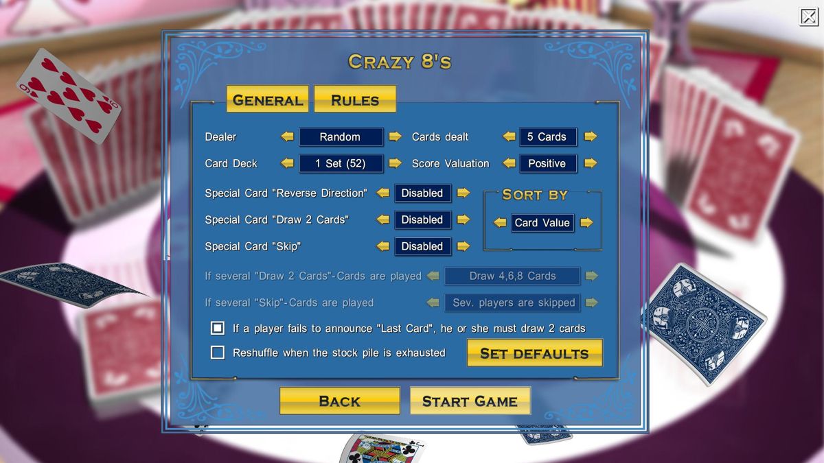 Bicycle Crazy 8's (Windows) screenshot: Adjusting the Rules