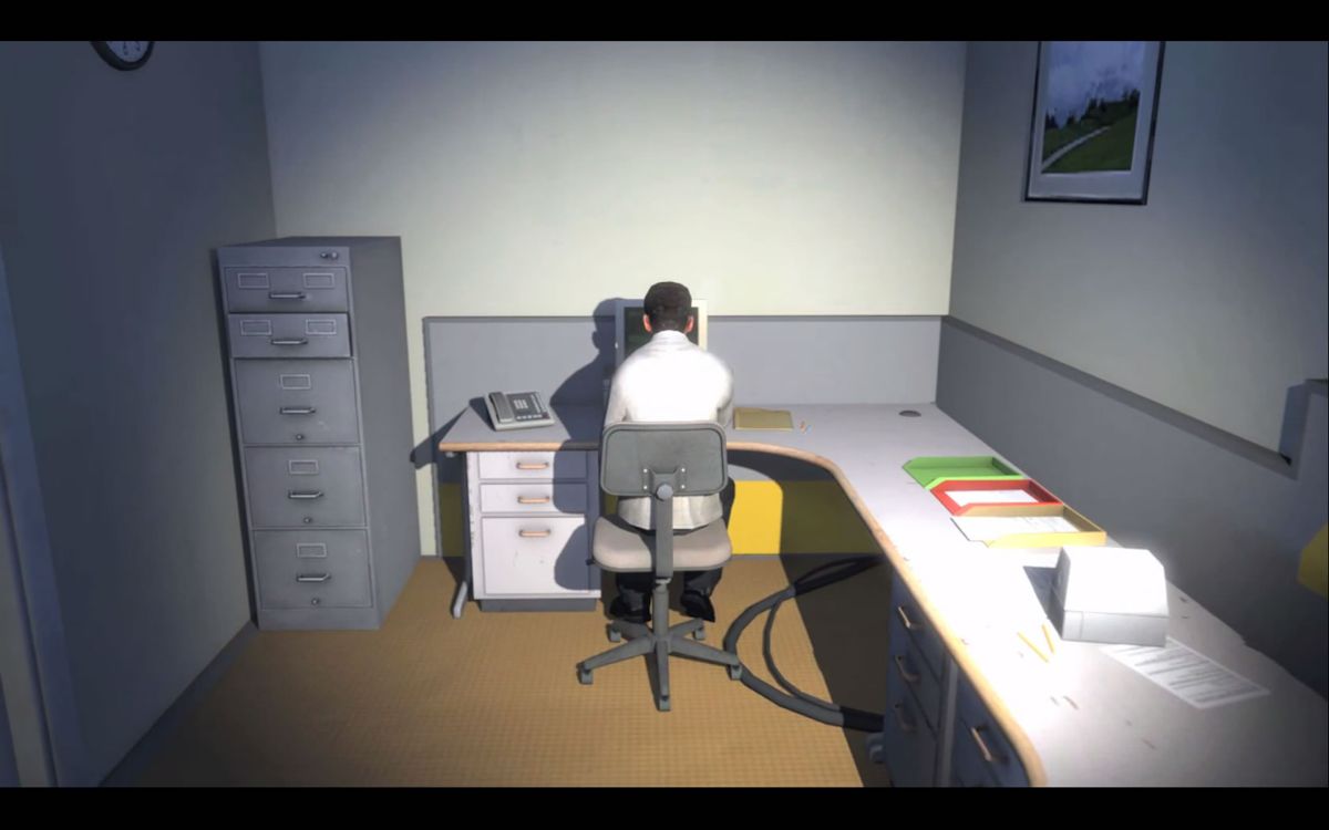The Stanley Parable (Windows) screenshot: Introduction sequence showing Stanley at work.