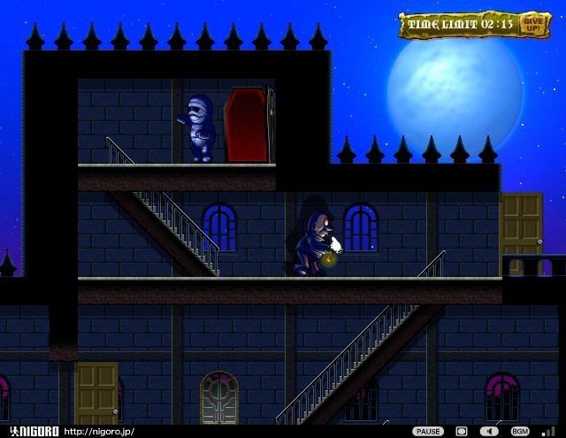 Death Village (Browser) screenshot: While Kevin is walking below, the mummy is awoken.