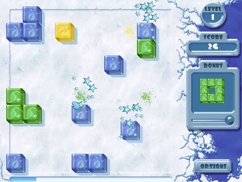 Penguin Puzzle (Windows) screenshot: Whenever the player makes a move new cubes are created. The speckled patterns show where the next cubes will materialise and what colour they will be