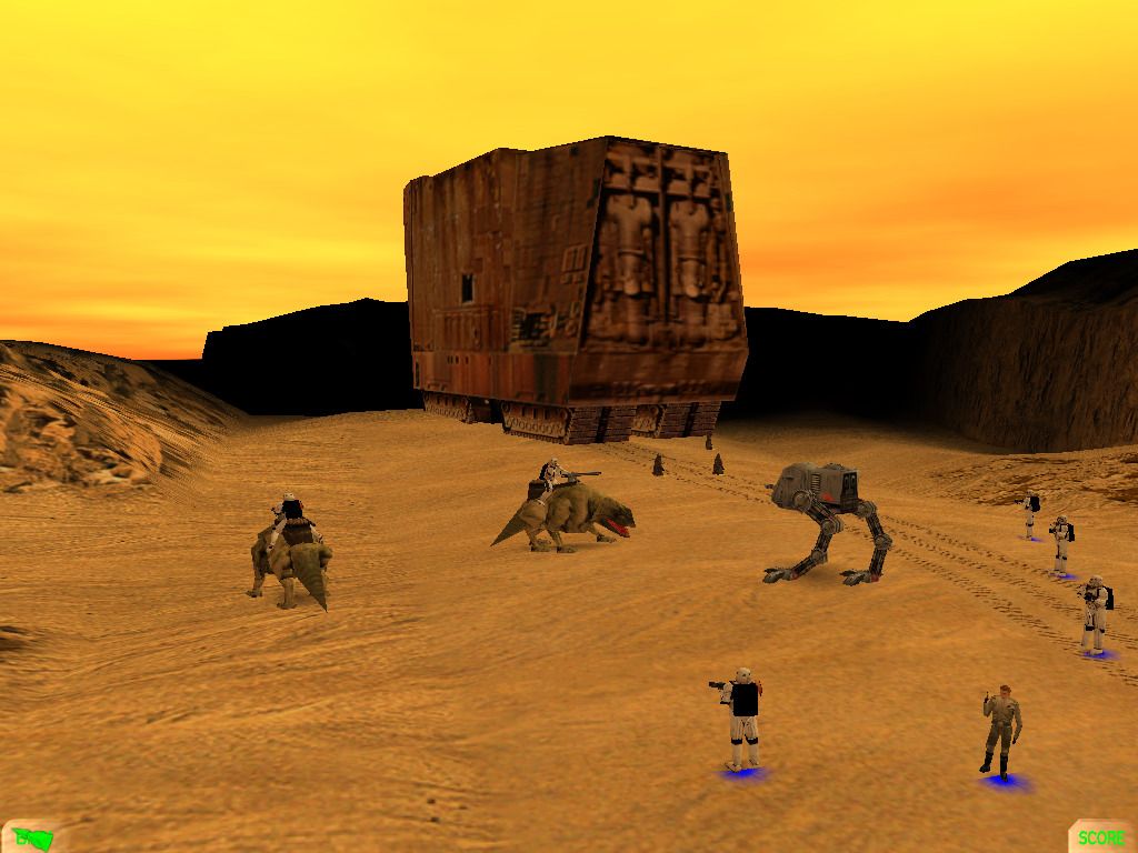 Star Wars: Force Commander (Windows) screenshot: Tatooine, sandcrawler at dusk. Note you can hide the interface (not very useful except for taking screenshots).