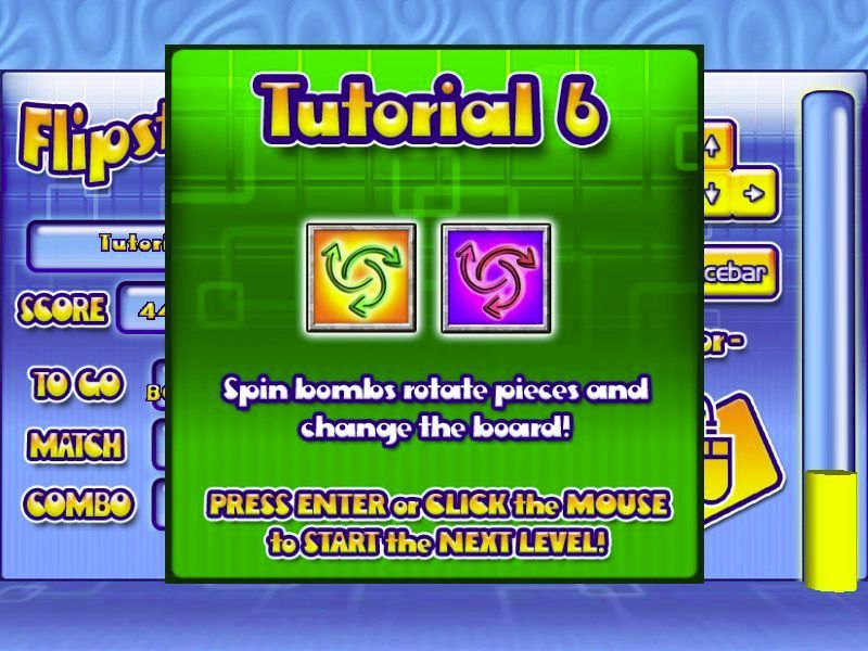 Flipster (Windows) screenshot: The game's tutorial takes the player through a separate level for each game feature. It's not really needed as the player gets the same kind of levels at the start of a full game