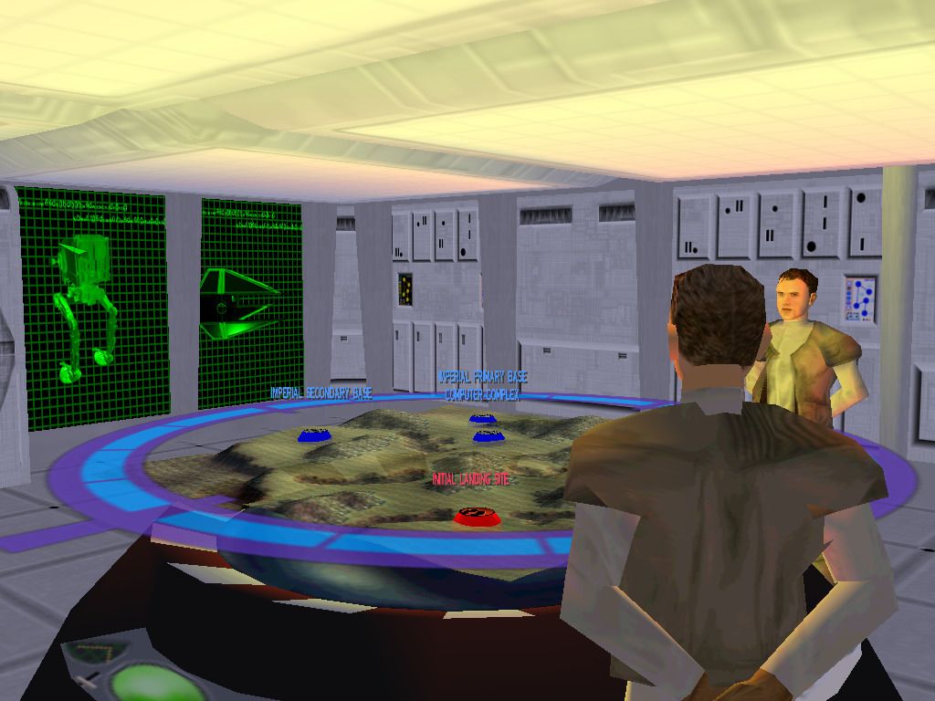 Star Wars: Force Commander (Windows) screenshot: Imperial briefing room. Note your objectives on the holomap.