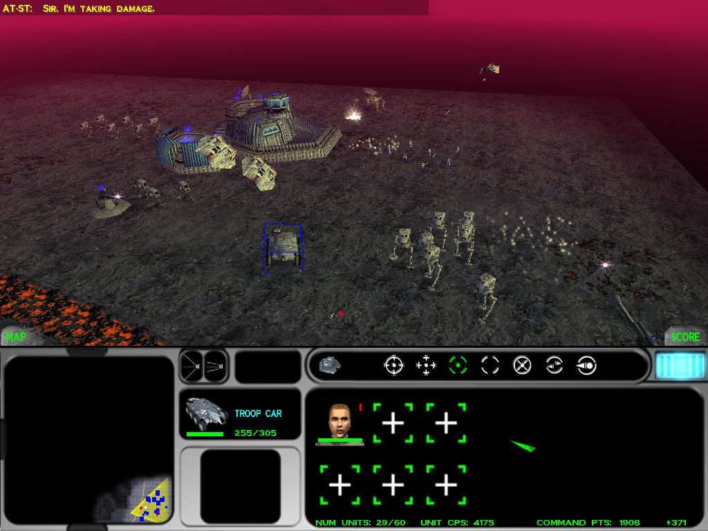 Star Wars: Force Commander (Windows) screenshot: Anti-aircraft guns open fire at enemy airspeeders.