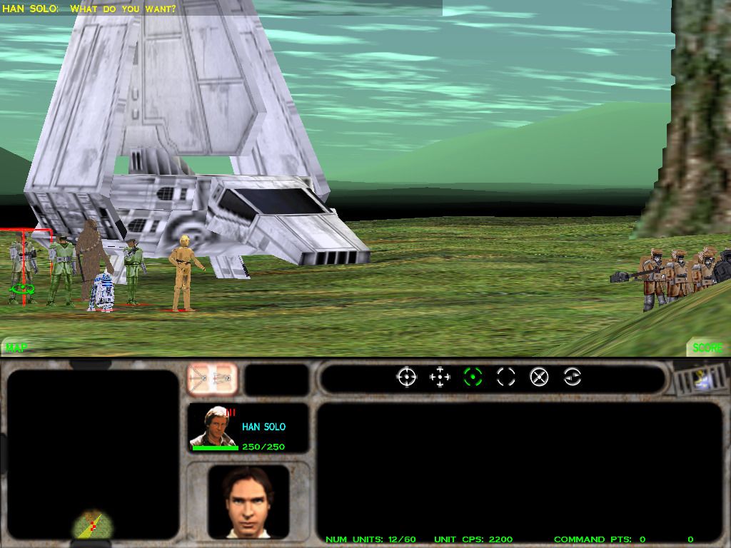 Star Wars: Force Commander (Windows) screenshot: Just after I thought this game is Jedi-free... Obligatory meeting of Our Heroes™ on Endor™.