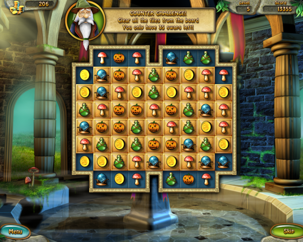 Mystika 2: The Sanctuary (Windows) screenshot: A wizard's challenge. Clear all gold tiles in 35 moves. I can skip the level, if I want.