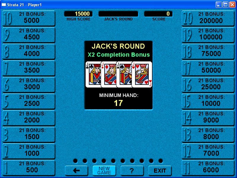 Strata 21 (Windows) screenshot: The start of a game. First round is the Jack's round with a minimum value of seventeen. Bonuses get bigger towards the end so save some good cards