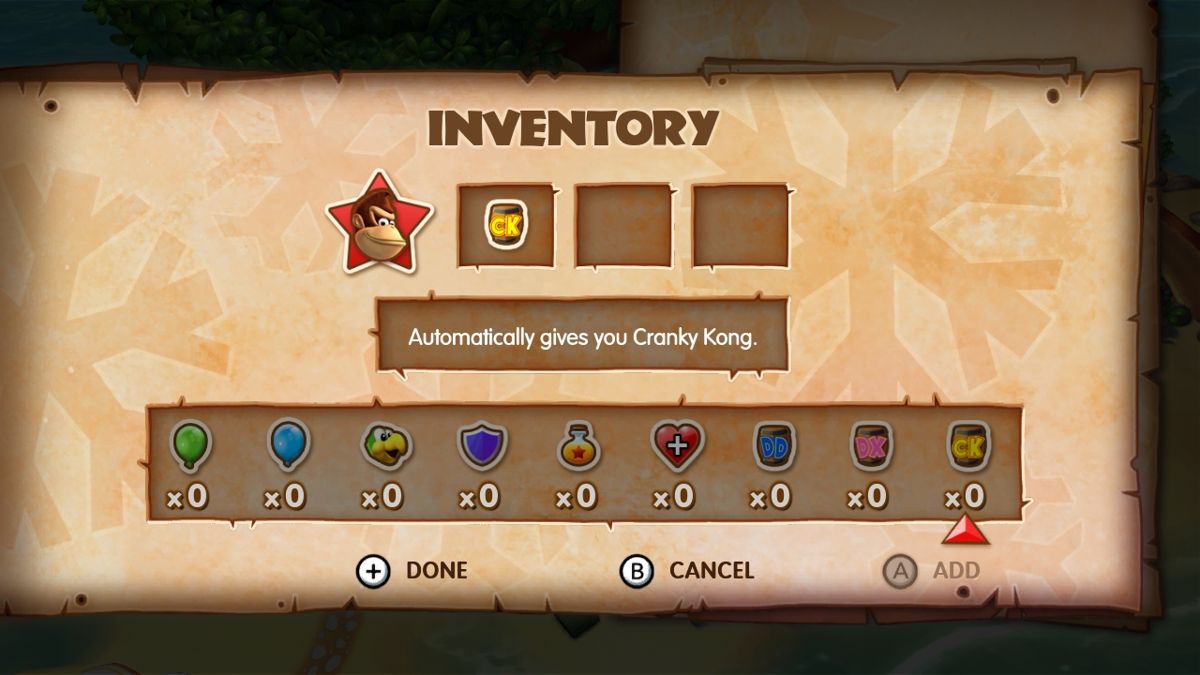 Donkey Kong Country: Tropical Freeze (Wii U) screenshot: Items can be equipped from the inventory before beginning a stage