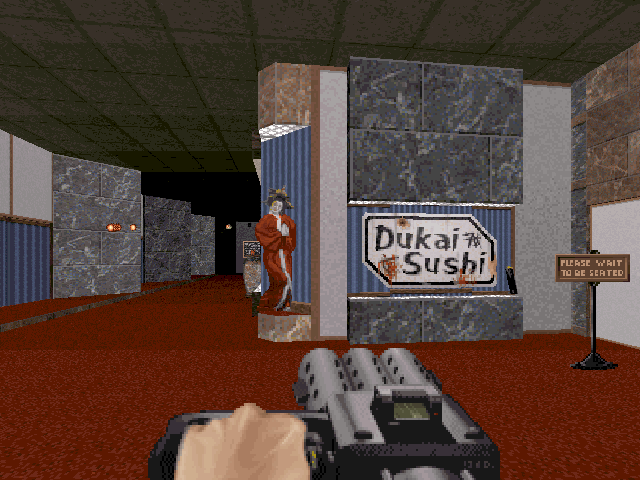 Duke Nukem 3D (DOS) screenshot: Episode Three begins in a... sushi bar! Recognizable urban locations make a triumphant return!