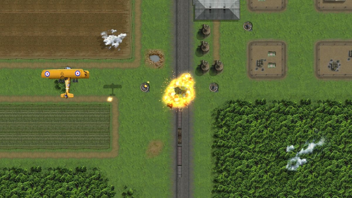 Wings!: Remastered Edition (Windows) screenshot: If you wanna save bombs when bombing the train, just aim for the locomotive and the rest of the wagons will derail.