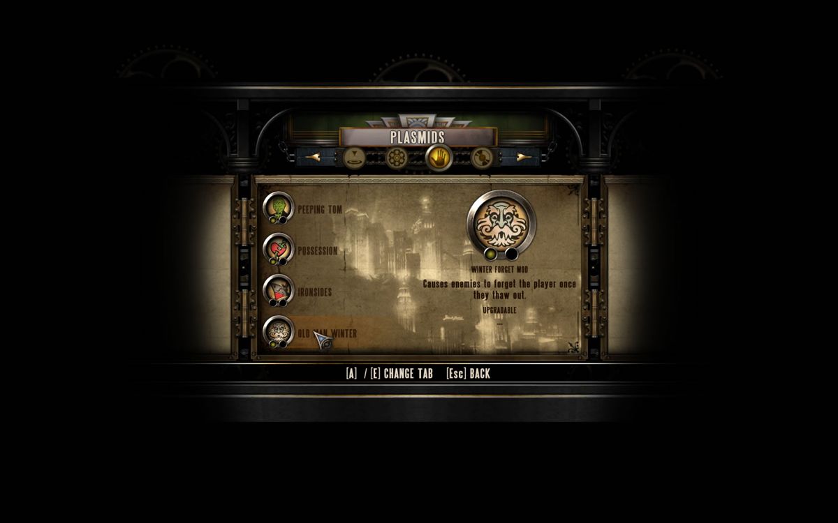 BioShock Infinite: Burial at Sea - Episode Two (Windows) screenshot: Browsing the available plasmids.
