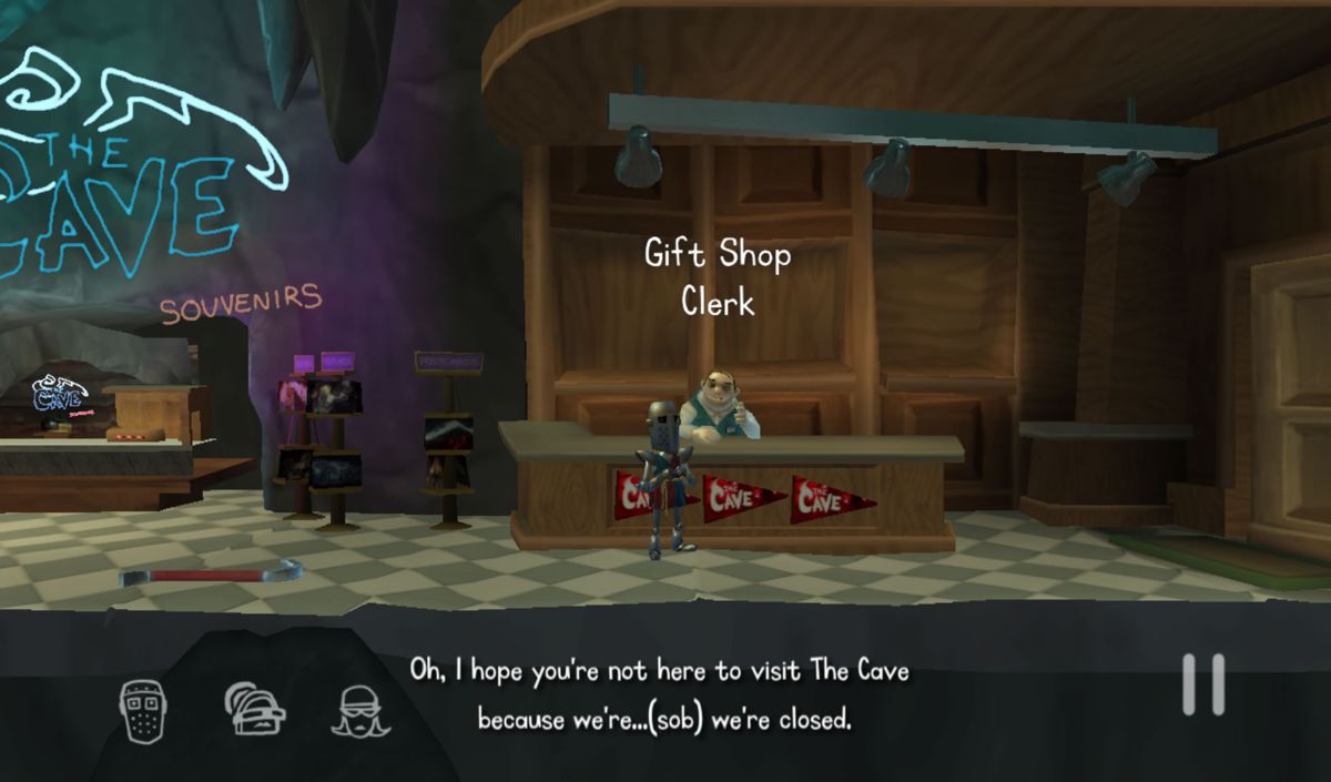 The Cave (Android) screenshot: A conversation at the gift shop at the entrance of the cave