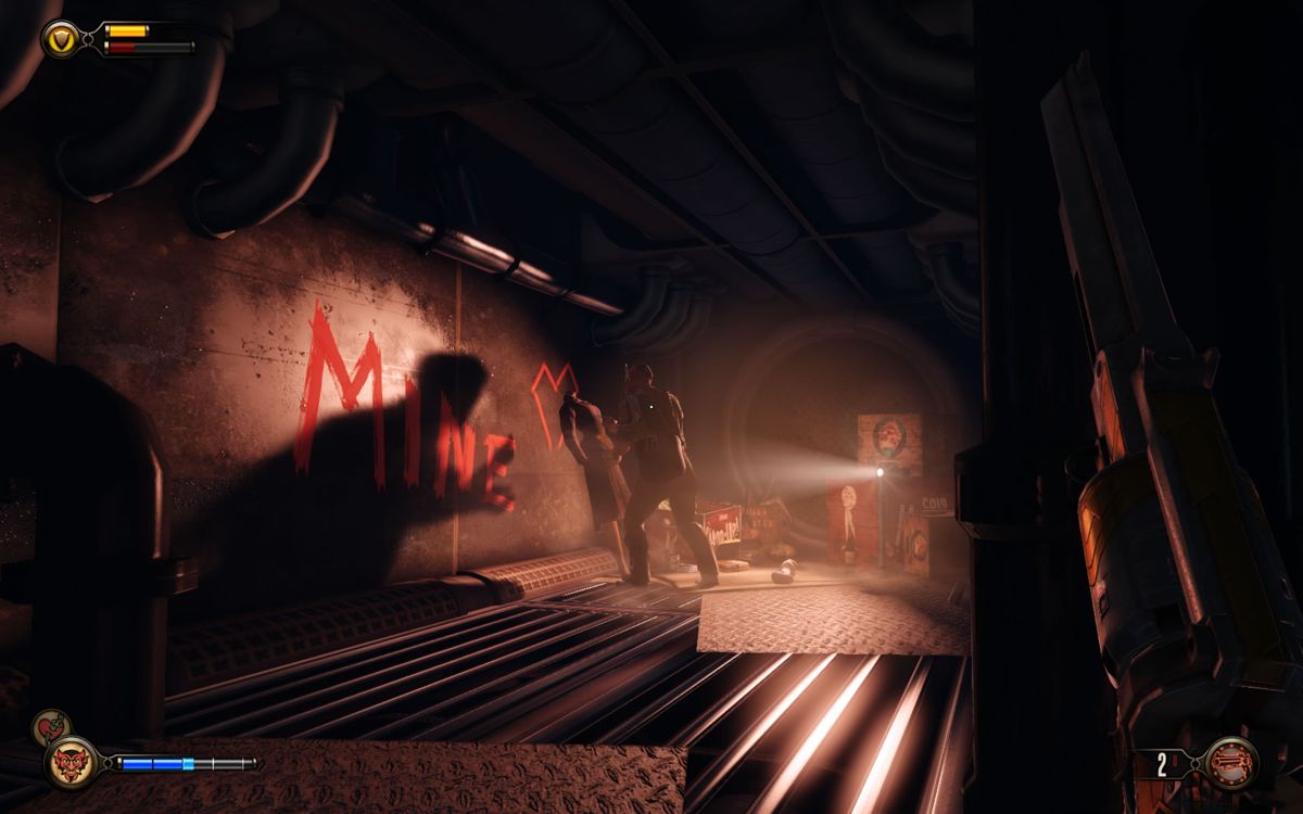 BioShock Infinite: Burial at Sea - Episode One (Windows) screenshot: A man doing strange things to a doll in a corner.