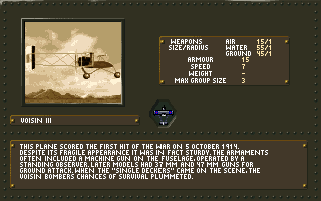 The Great War: 1914-1918 (DOS) screenshot: New unit: Voisin III plane