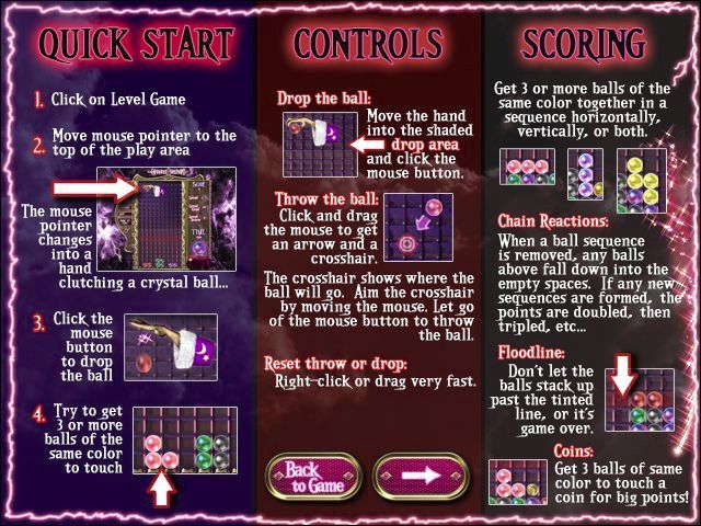 Crystal Wizard (Windows) screenshot: There are two help screens that explain the game, this is the first