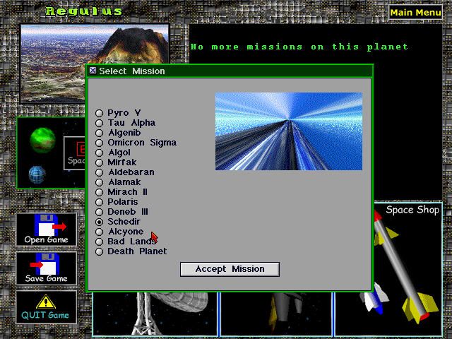 Dark Corona Pegasus (Windows) screenshot: Mission select menu (arcade mode deletes space flights)
