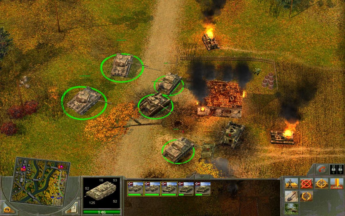 Blitzkrieg II: Fall of the Reich (Windows) screenshot: Burning Russian tanks