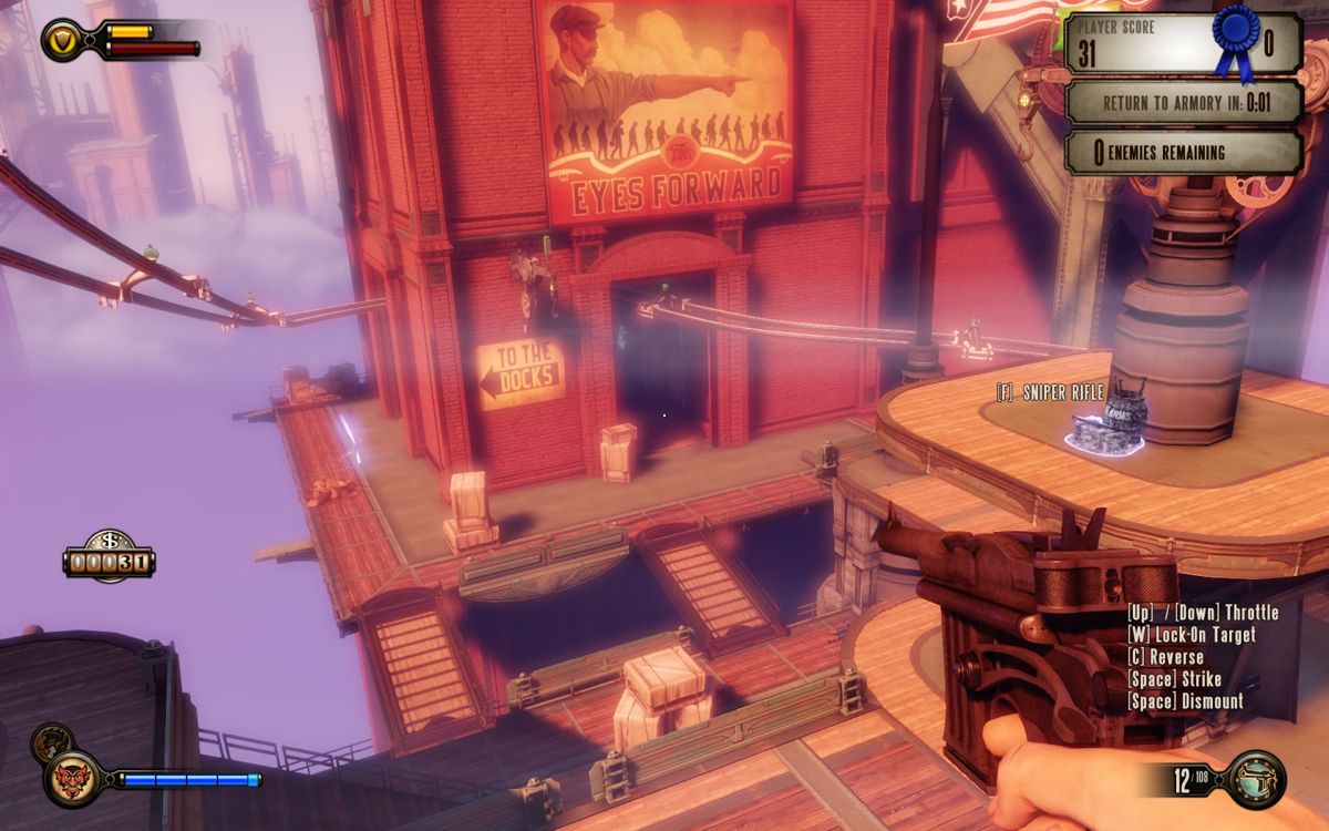 BioShock Infinite: Clash in the Clouds (Windows) screenshot: Travelling around with the skyline hook in The Ops Zeal.