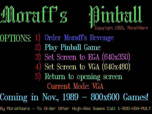 Moraff's Pinball (DOS) screenshot: The game's title screen VGA format