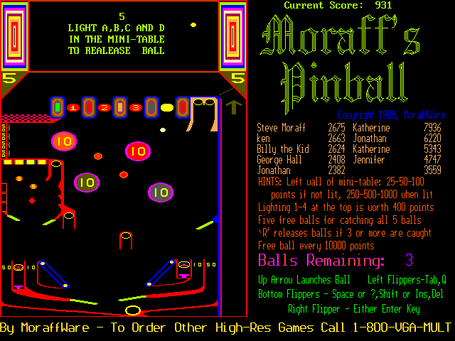 Moraff's Pinball (DOS) screenshot: A game in progress VGA format