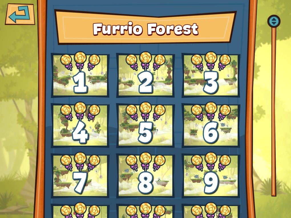 Eets Munchies (Windows) screenshot: Selecting a puzzle in Furrio Forest. There are 12 in total.