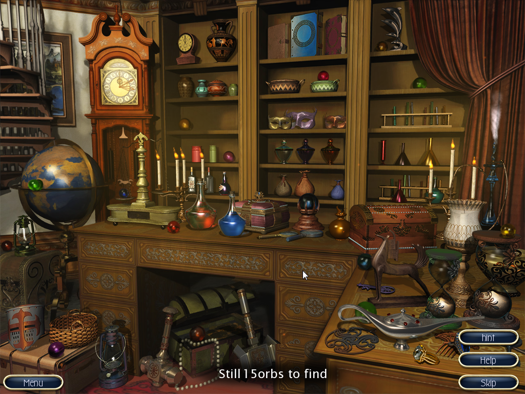 Jewel Match IV (Windows) screenshot: A hidden object level. Find all the crystal balls.