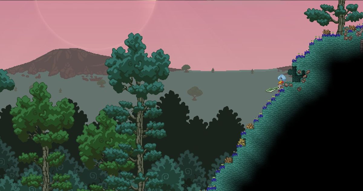 Starbound (Windows) screenshot: You can explore all sorts of terrains and biomes, including this peaceful forest area...