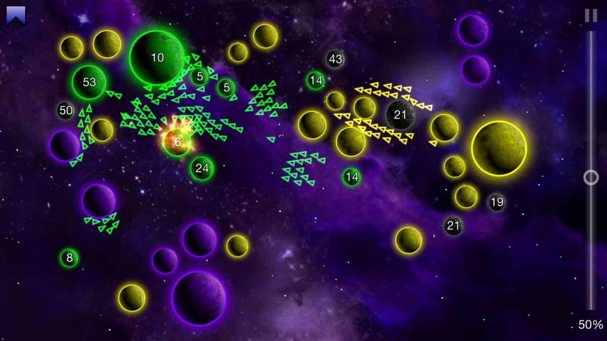 Galcon Legends (Windows) screenshot: Harder difficulties conceal the strength of enemy planets.