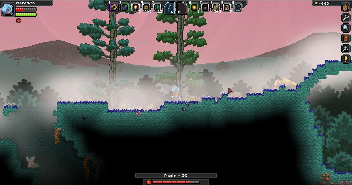 Starbound (Windows) screenshot: Weather effects are also incorporated into the game, as well as hunger.