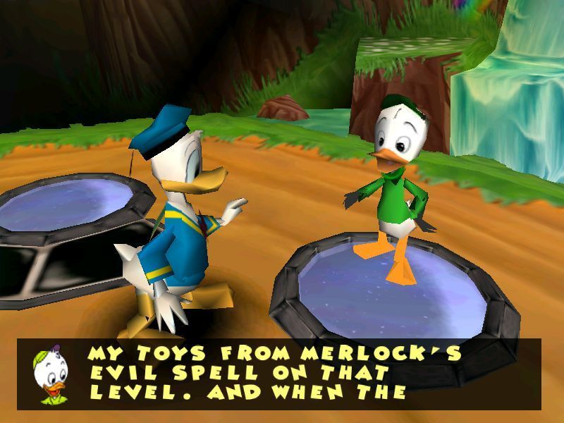 Disney's Donald Duck: Goin' Quackers (Windows) screenshot: Hughey explains that Donald has to collect bits of machinery. Character interaction is triggered by approaching them and standing in the right spot