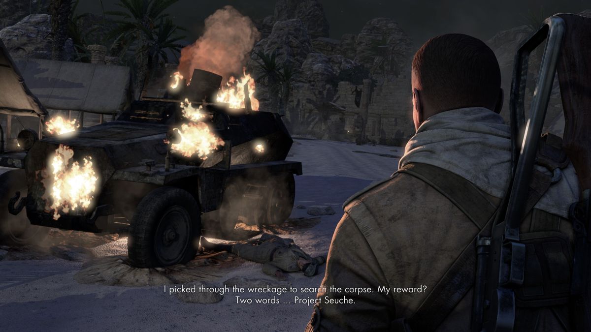 Sniper Elite III: Afrika (PlayStation 4) screenshot: Taking out the armored vehicle