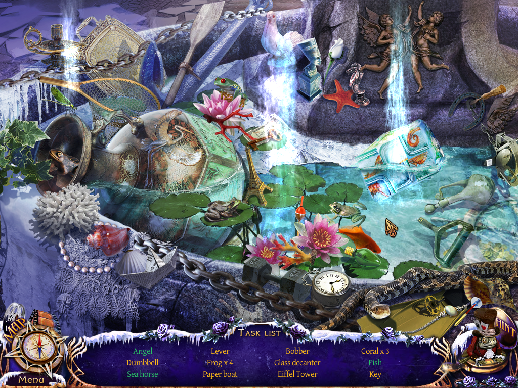 Mystery Trackers: Four Aces (Windows) screenshot: A hidden object puzzle in the fountain.
