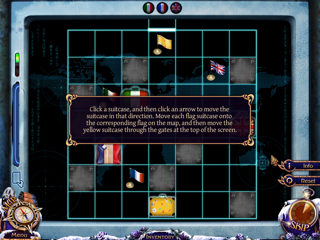 Mystery Trackers: Four Aces (Windows) screenshot: Another puzzle. Move the suitcases to their correct flags then move the yellow suitcase out the top gate.