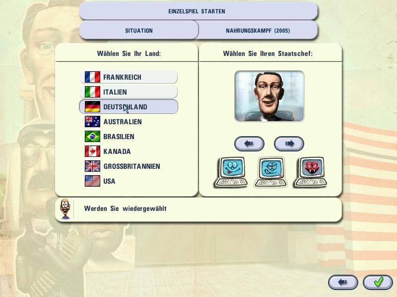 Political Tycoon (Windows) screenshot: choose country and Premier Minister
