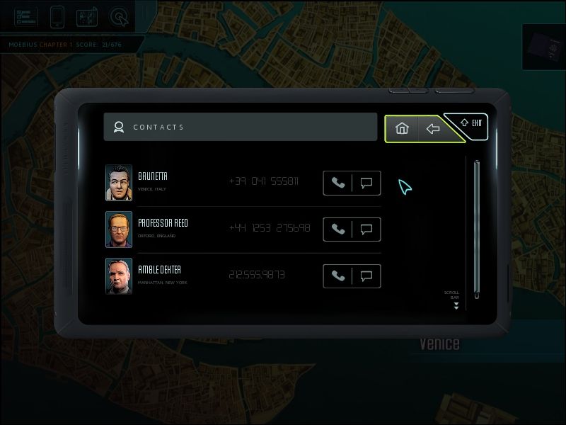 Moebius: Empire Rising (Windows) screenshot: Cell phone keeps contacts within easy reach: phone them or send a text message