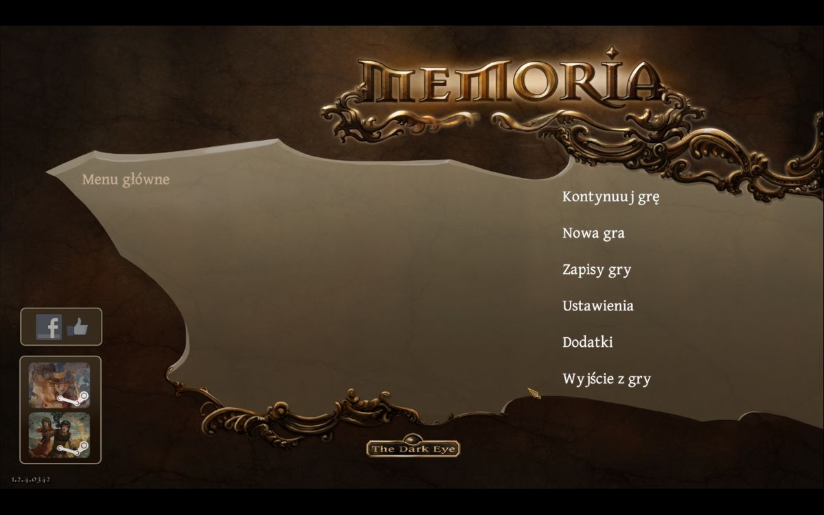 The Dark Eye: Memoria (Windows) screenshot: Main menu (Polish edition)