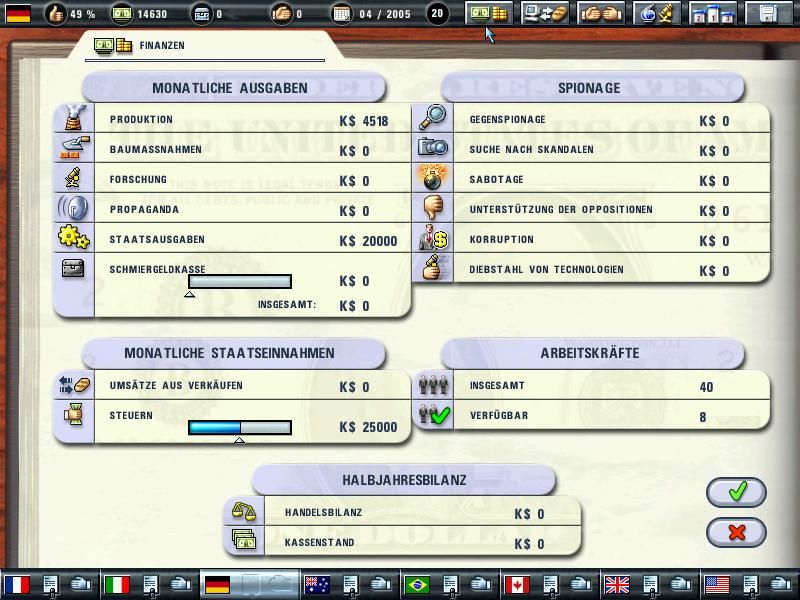 Political Tycoon (Windows) screenshot: financial screen