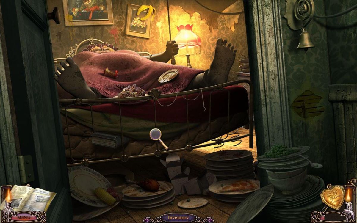 Mystery Case Files: Escape from Ravenhearst (Windows) screenshot: Charles Dalimar's mother which you have to take care of by cutting her toe nails, nose hair, and .... yuk!