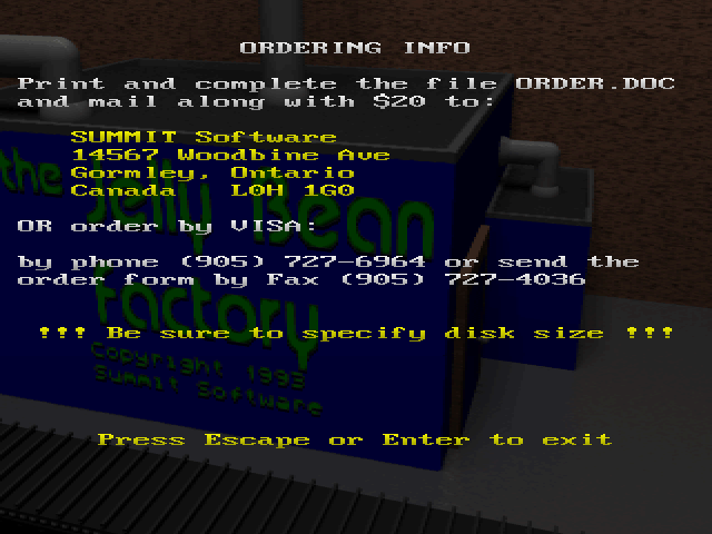 The Jelly Bean Factory (DOS) screenshot: The shareware order screen