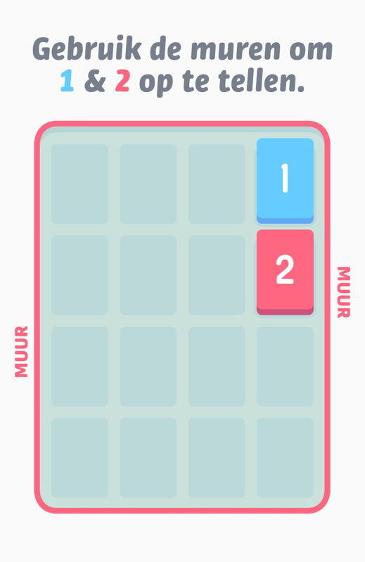 Threes! (Android) screenshot: Explanation of how walls are used to bring tiles together (Dutch version).