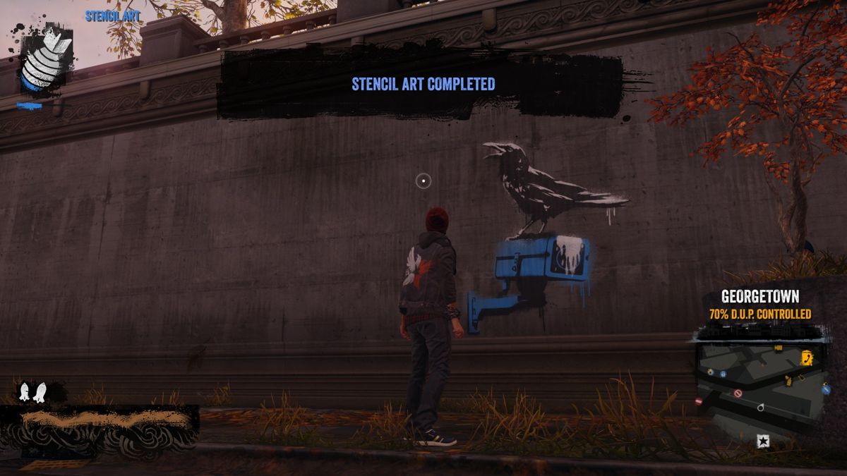 inFAMOUS: Second Son (PlayStation 4) screenshot: When drawing graffiti on the wall you will always have two choices, one that will boost your evil karma or one that will boost your good karma.