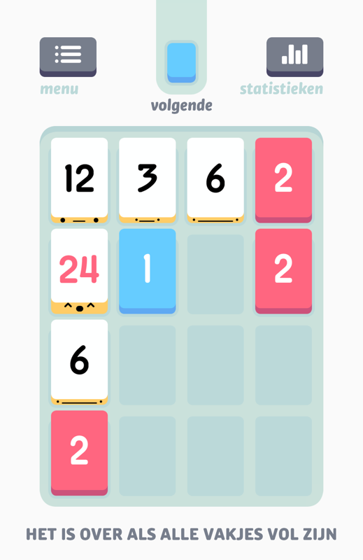 Threes! (Android) screenshot: Once you are really playing, the next piece is shown (Dutch version).