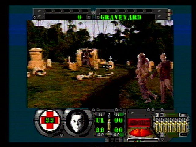 Corpse Killer (SEGA 32X) screenshot: The graveyard is your home base, but sometimes you have to defend it.
