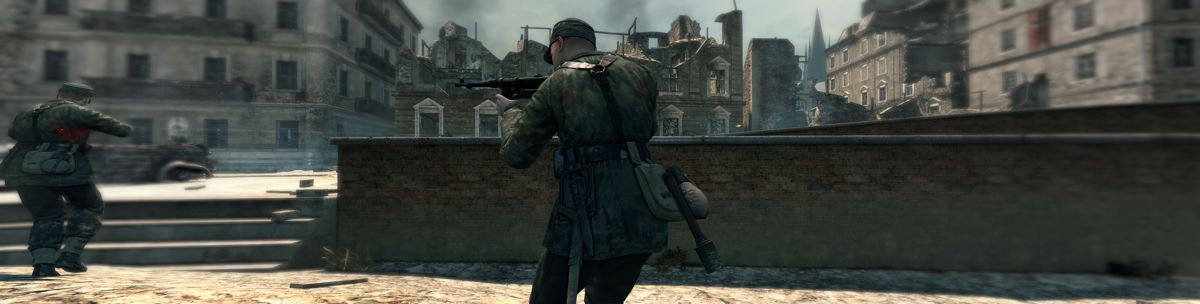 Sniper Elite V2 (Windows) screenshot: Taking two slobs down... (Eyefinity mode)
