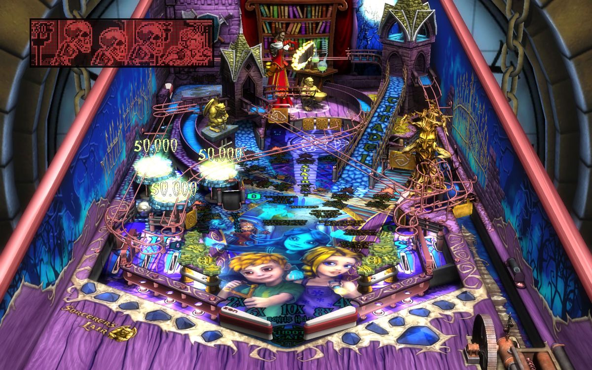 Pinball FX2 (Windows) screenshot: Sorcerer's Lair: defeat the skulls with the bumpers.