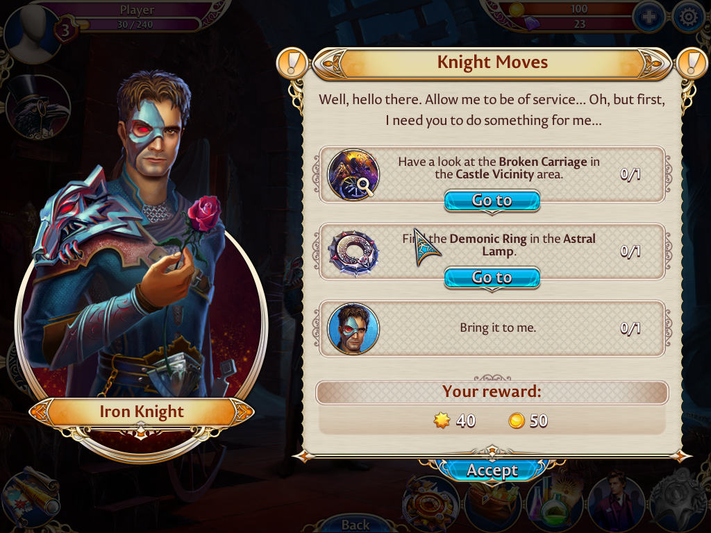 Midnight Castle (Windows) screenshot: The quests the Iron Knight needs me to perform.