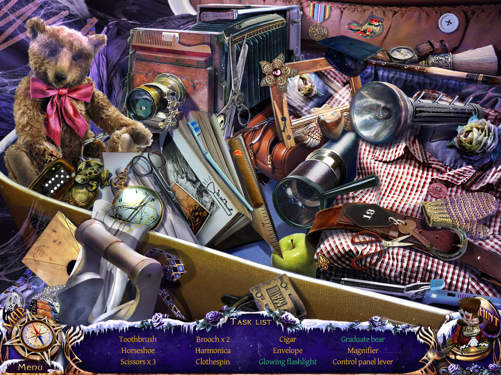 Mystery Trackers: Four Aces (Windows) screenshot: A hidden object puzzle n a yellow suitcase