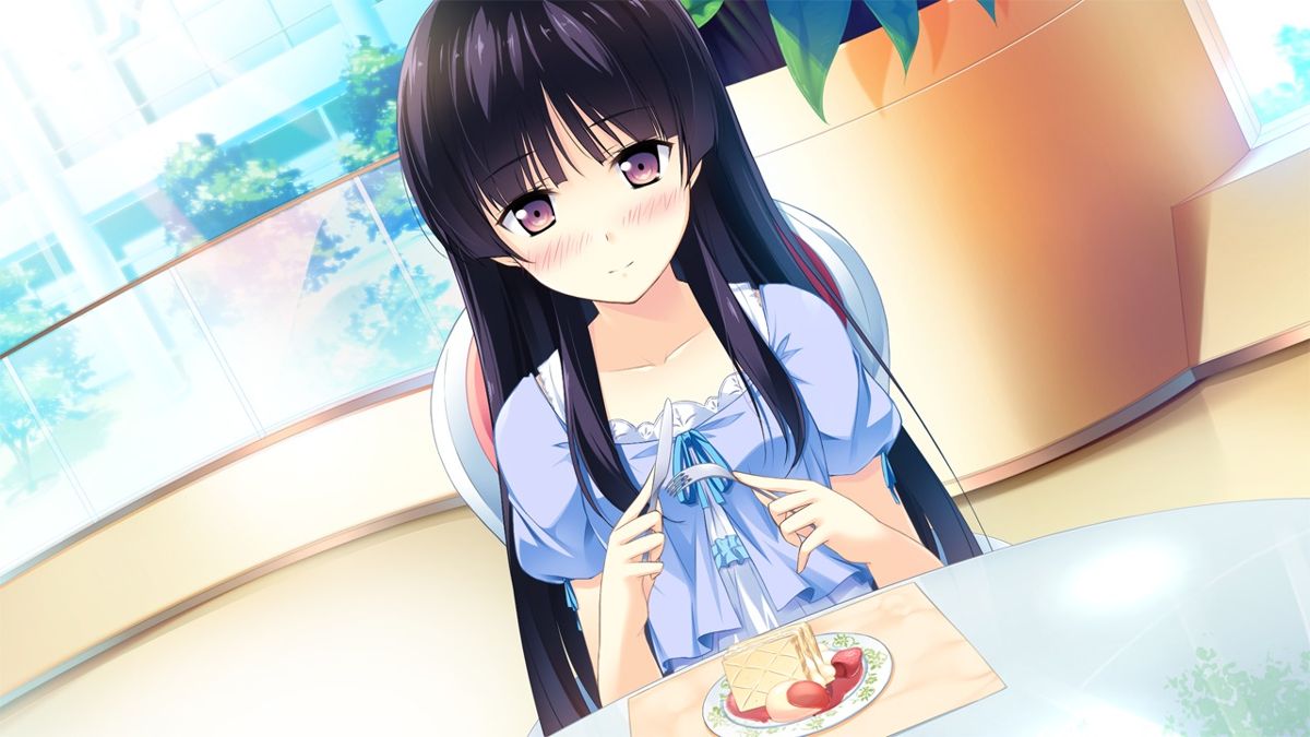 If My Heart Had Wings (Windows) screenshot: On a date with Kotori, trying the famous cake.