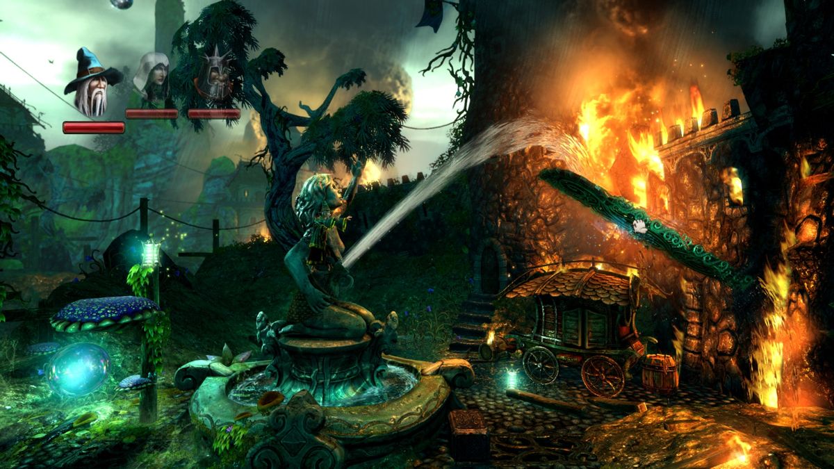 Trine 2: Goblin Menace (Windows) screenshot: Directing the water fountain in order to put out the fire.